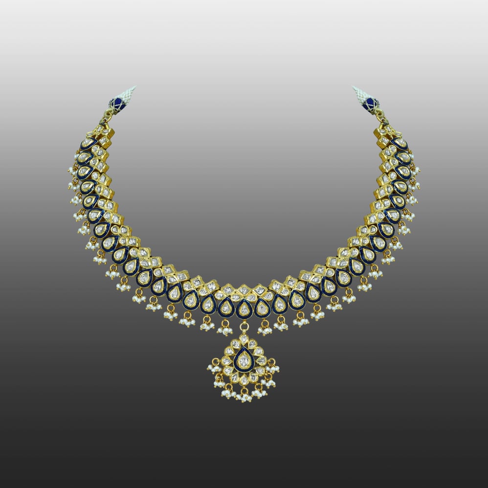 Layered Polki Necklace with Blue Enamel and Pearls